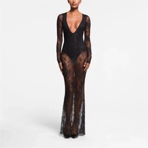 SKIMS Black Lace Long Sleeve Dress